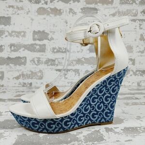 Guess Womens Donny Shoes White Blue Signature Logo Wedge Platform Sandals D54